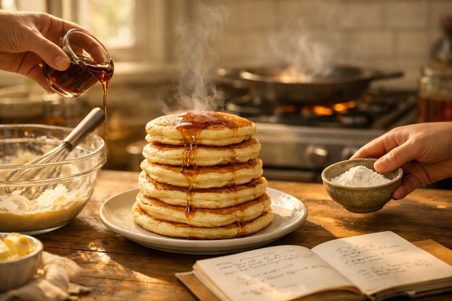 Pilhas de panquecas quentes sendo regadas com xarope, com ingredientes e livro de receitas ao redor numa cozinha.