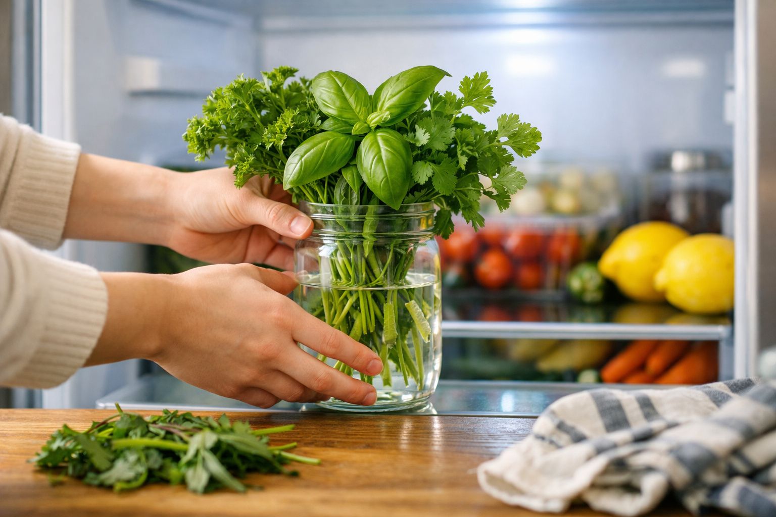 Mãos a colocar jarro com ervas frescas numa cozinha, com legumes e citrinos ao fundo no frigorífico.