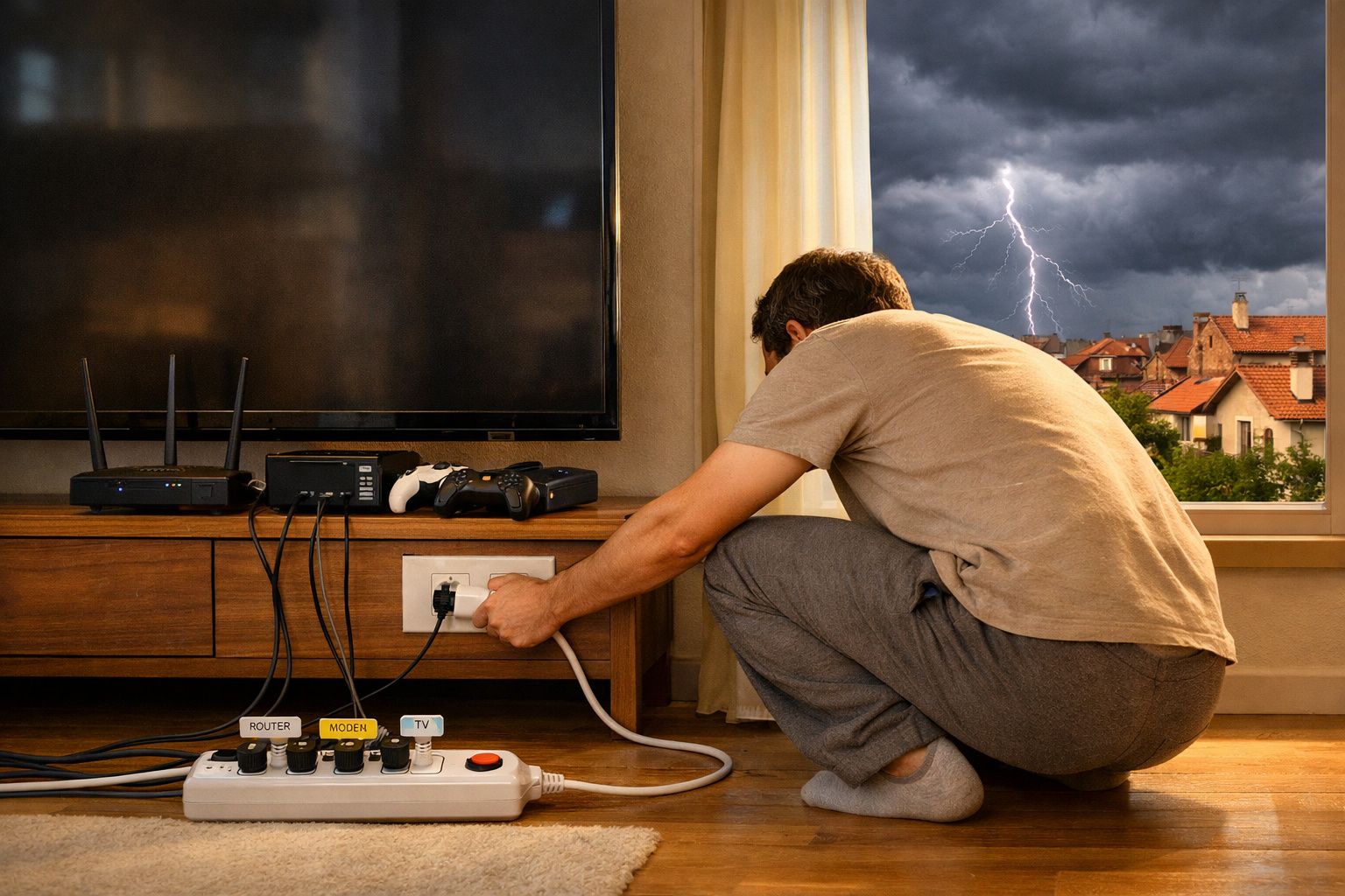 Homem conecta cabo elétrico durante tempestade com relâmpago visível pela janela numa sala de estar.