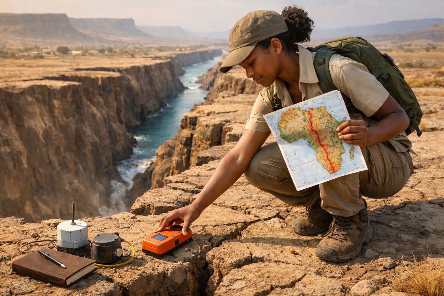 Mulher com mochila e boné segura mapa da África enquanto usa dispositivo de medição junto a um desfiladeiro.
