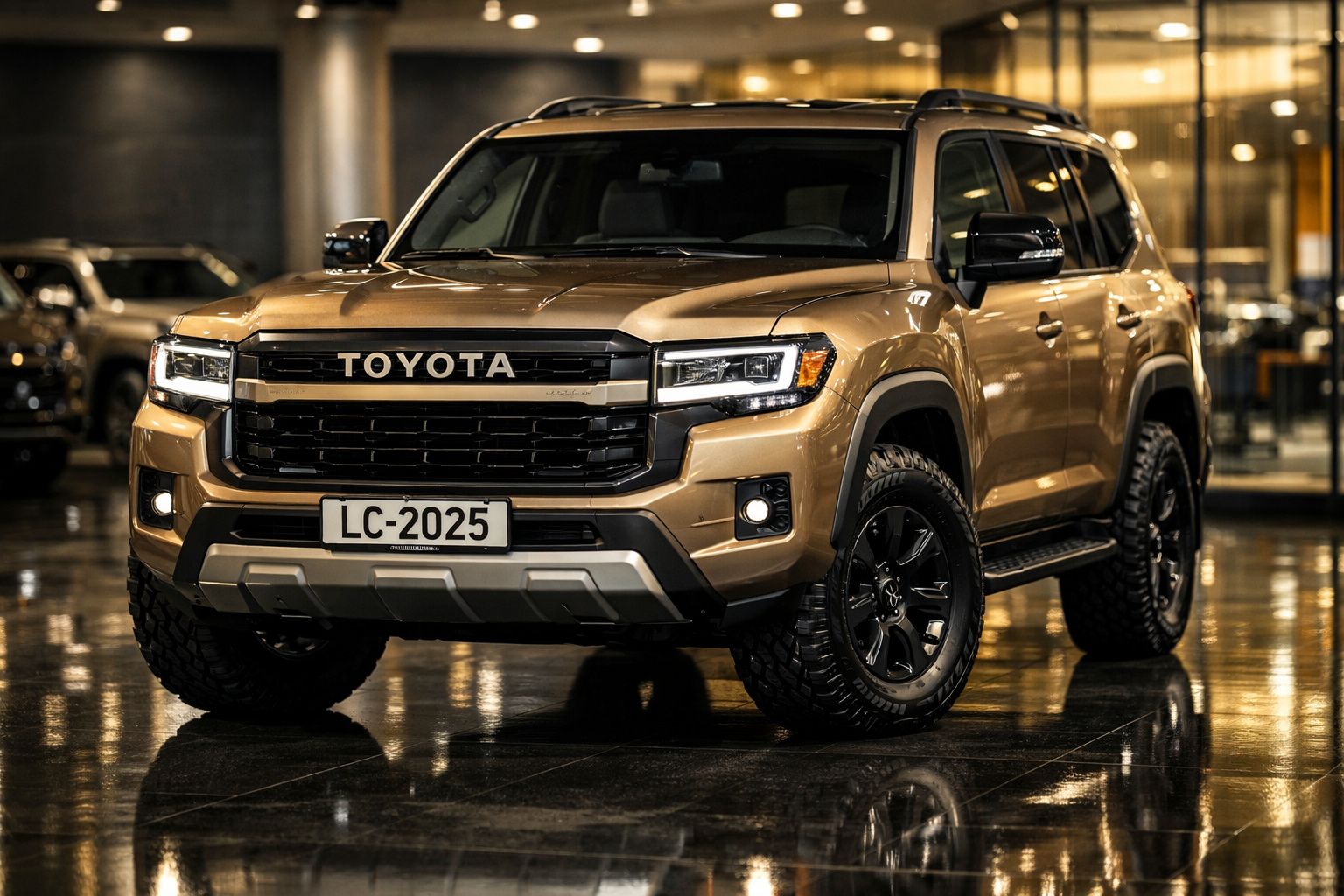 SUV Toyota Land Cruiser dourado estacionado em piso interior refletor e iluminação ambiente.