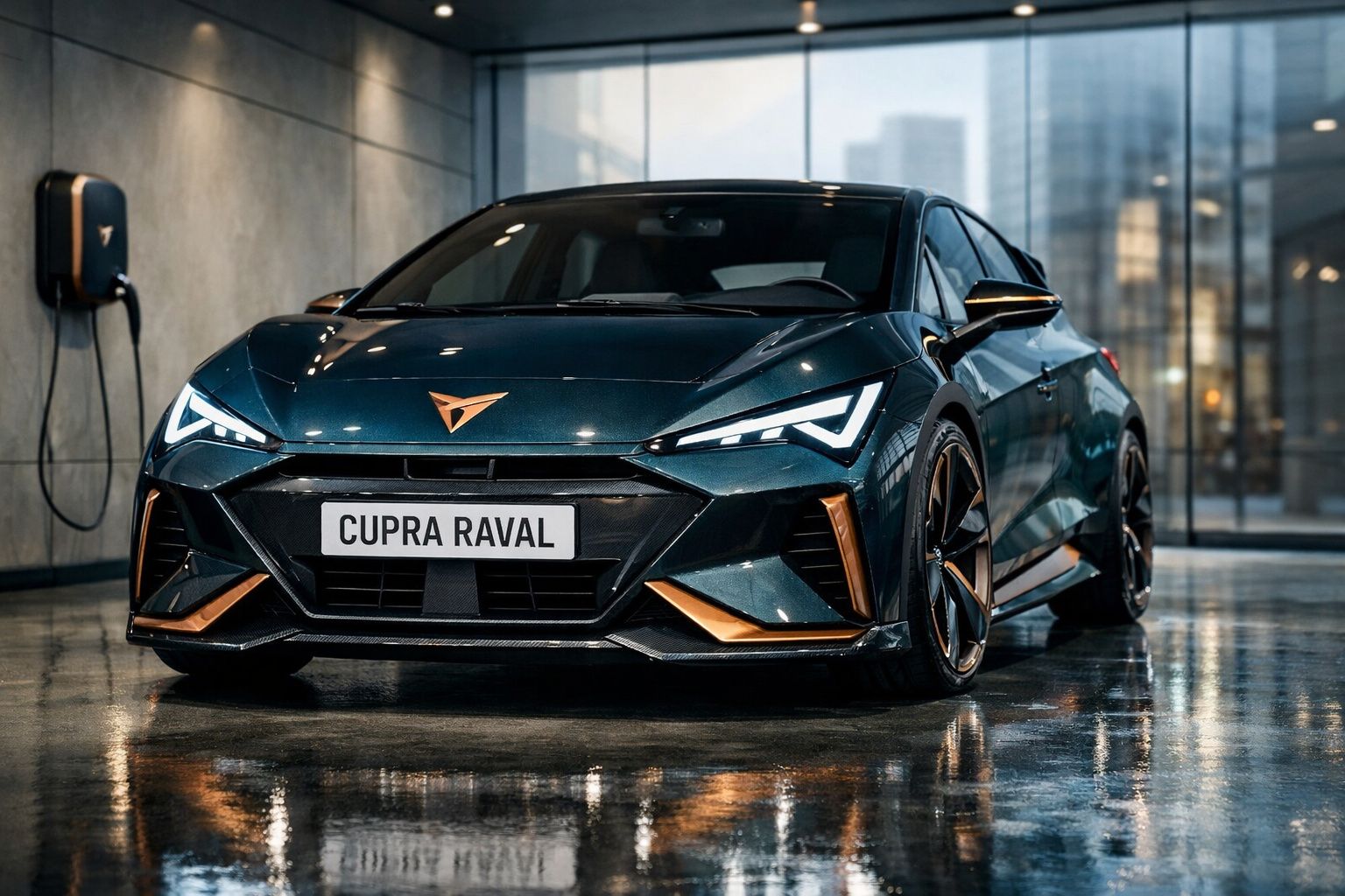 Carro eléctrico Cupra Raval verde-escuro num parque de estacionamento moderno com parede de betão e estação de carregamento.