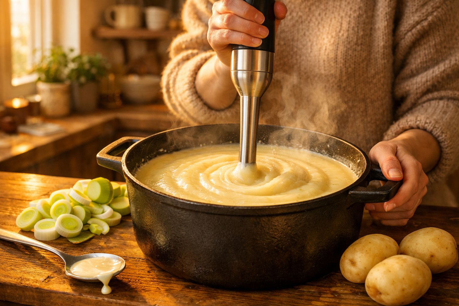 Pessoa a usar varinha mágica para triturar sopa cremosa numa panela preta com batatas e alho francês ao lado.