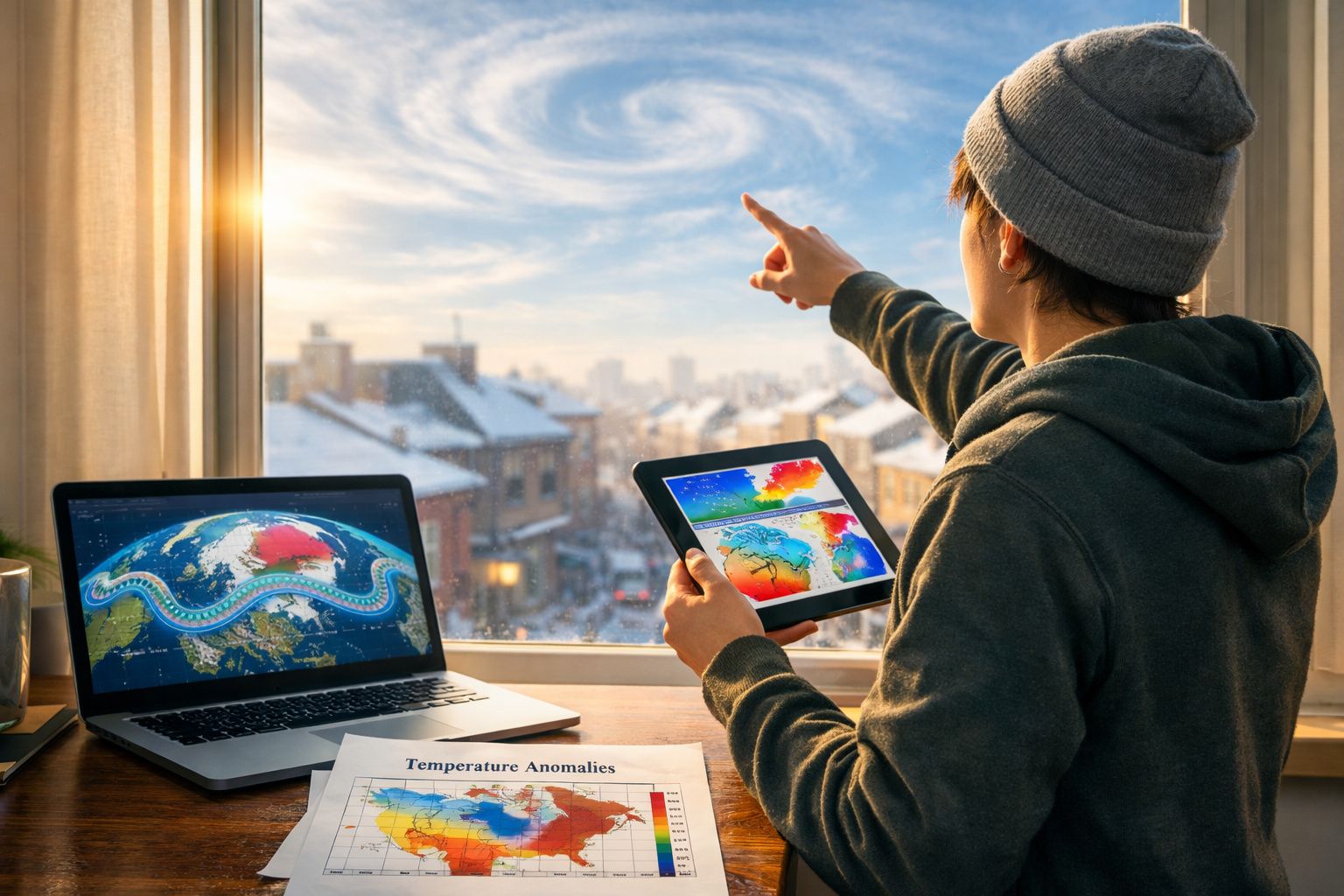Pessoa a estudar mapas de anomalias de temperatura no tablet e computador, apontando para o céu pela janela.