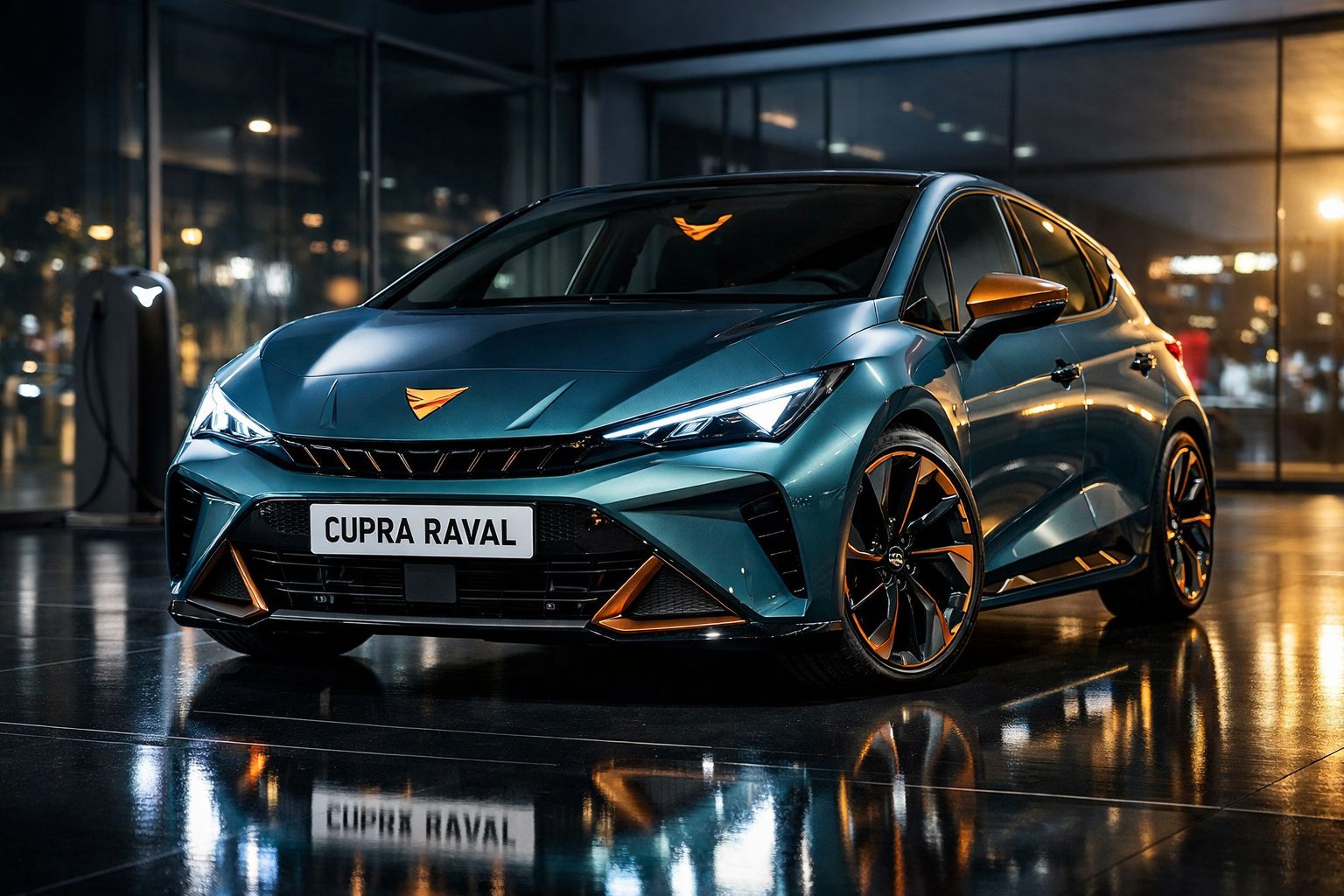 Carro elétrico Cupra Raval azul com detalhes laranja, em ambiente interior moderno e iluminado.