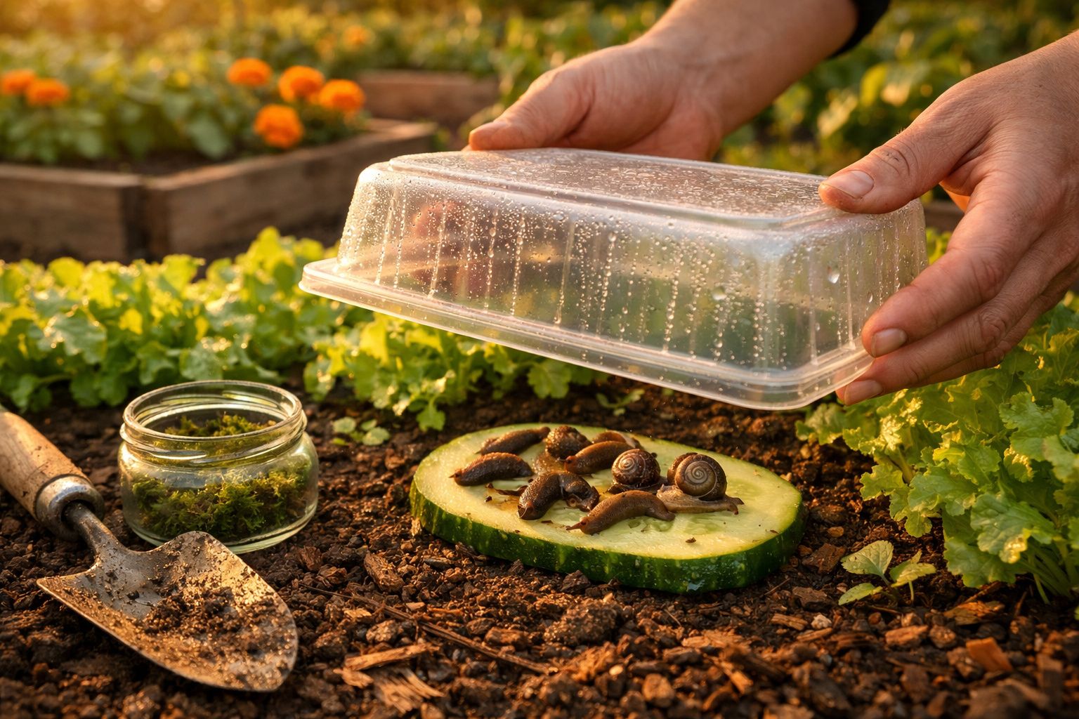 Mãos a levantar uma tampa plástica com caracóis e lesmas numa fatia de pepino no solo do jardim.