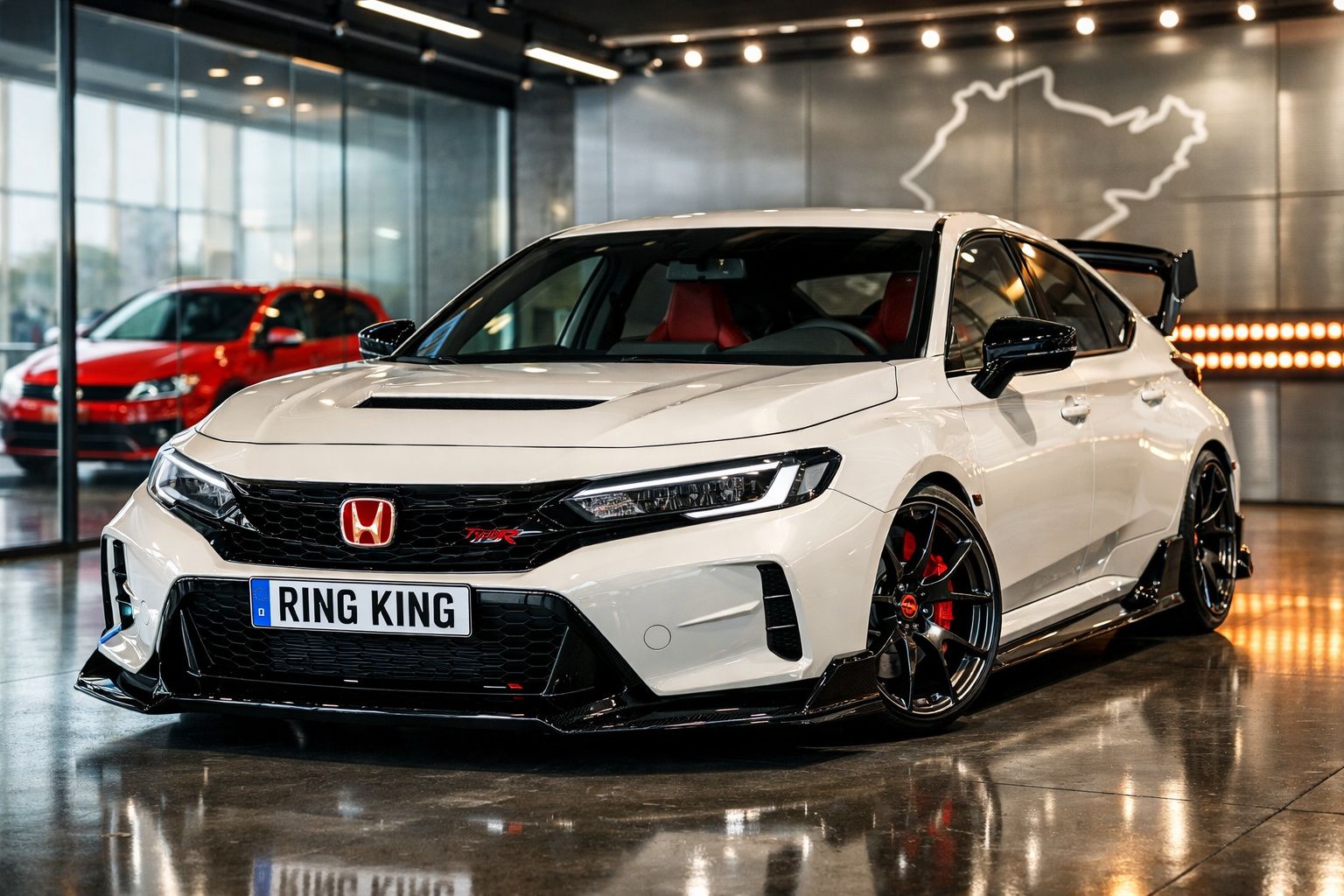 Carro desportivo branco Honda Civic Type R com pormenores negros e interiores vermelhos, em exposição interior.