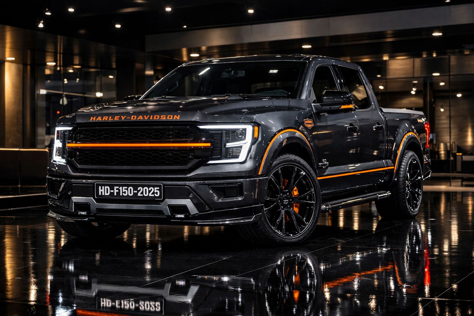 Pickup Ford F-150 Harley-Davidson preta com detalhes laranja num ambiente interno escuro e moderno.