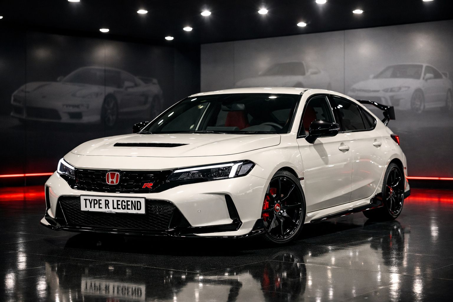 Automóvel Honda Civic Type R Legend branco, com detalhes em preto e interior vermelho, exposto em ambiente iluminado.