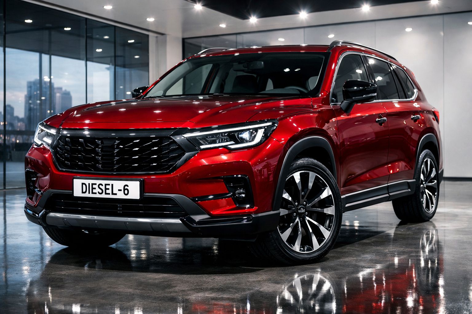 SUV vermelho brilhante estacionado em piso lustroso, com matrícula personalizada Diesel-6.