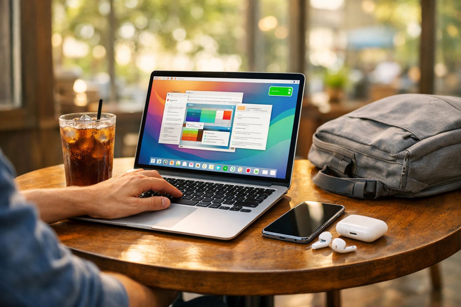 Pessoa a usar computador portátil num café com smartphone, auriculares sem fios, mochila e bebida à mesa.