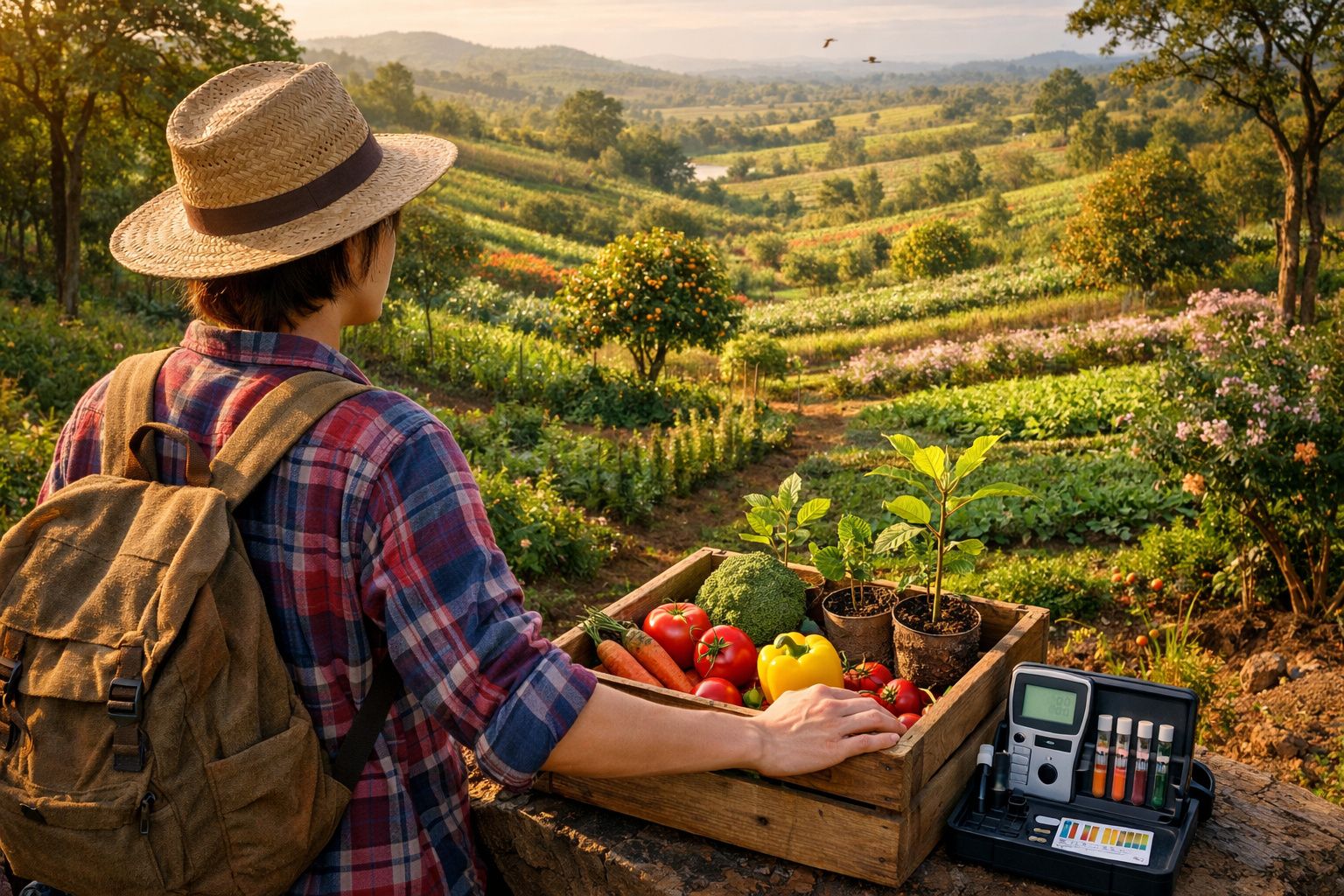 Pessoa de costas com chapéu e mochila segurando caixa de legumes frescos numa horta ao ar livre ao pôr do sol.