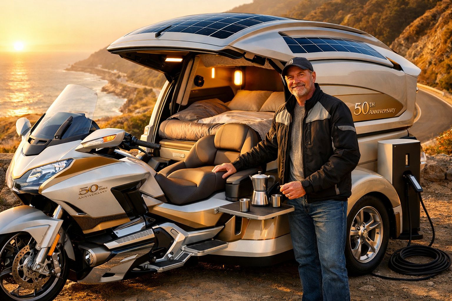 Homem junto a moto elétrica com pequenos painéis solares e cama, num cenário de pôr do sol costeiro.