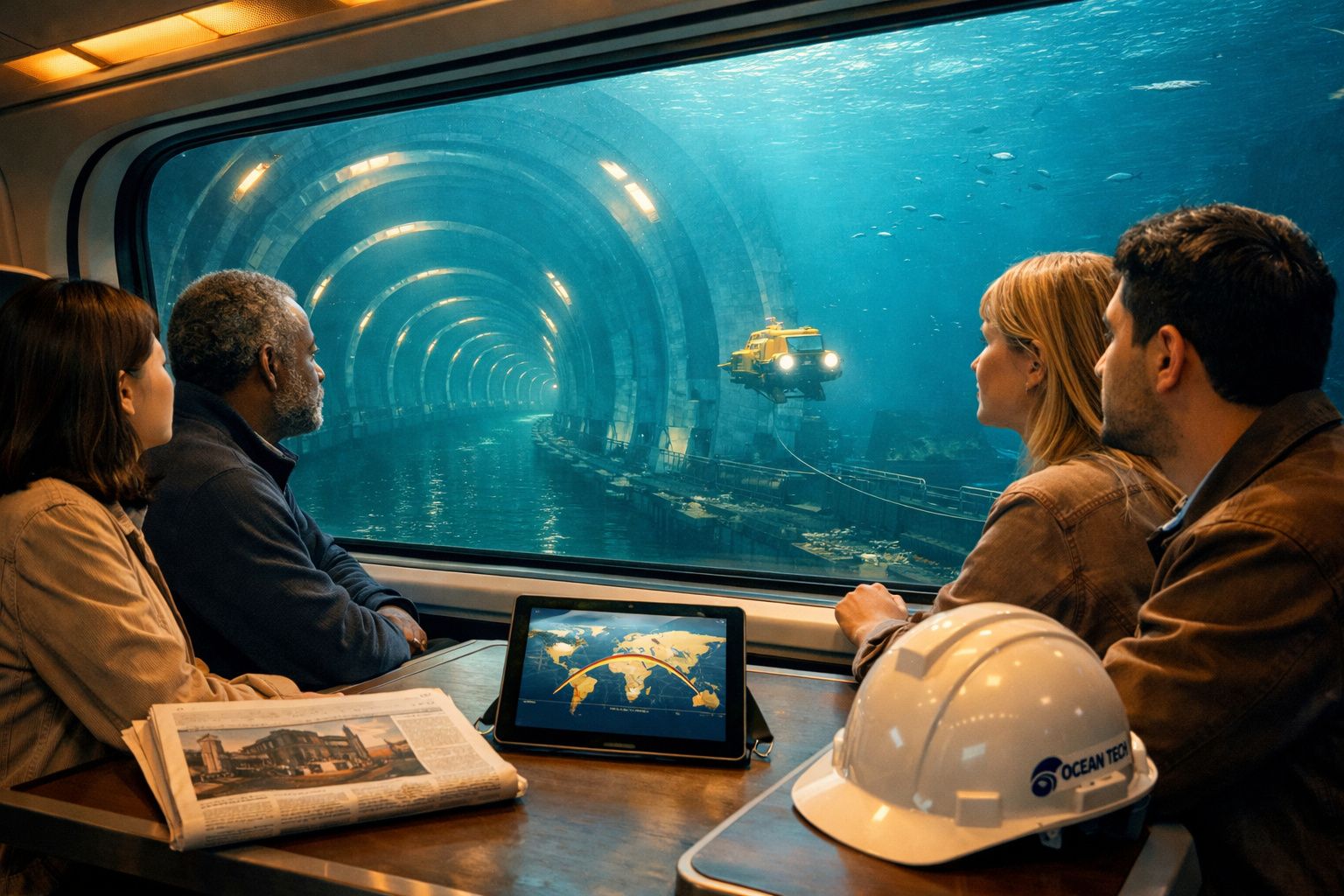 Quatro pessoas observam um túnel subaquático em construção através de uma janela, com equipamento de exploração no interior.
