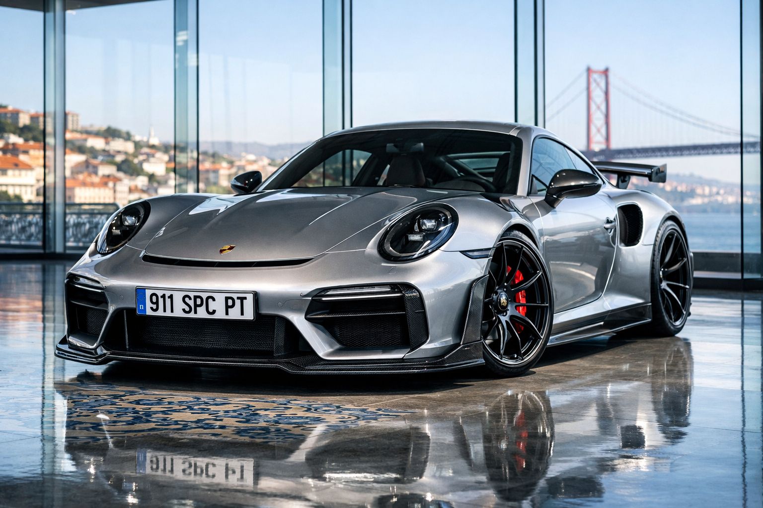 Automóvel desportivo Porsche 911 prata estacionado em interior com vista para ponte suspensa.