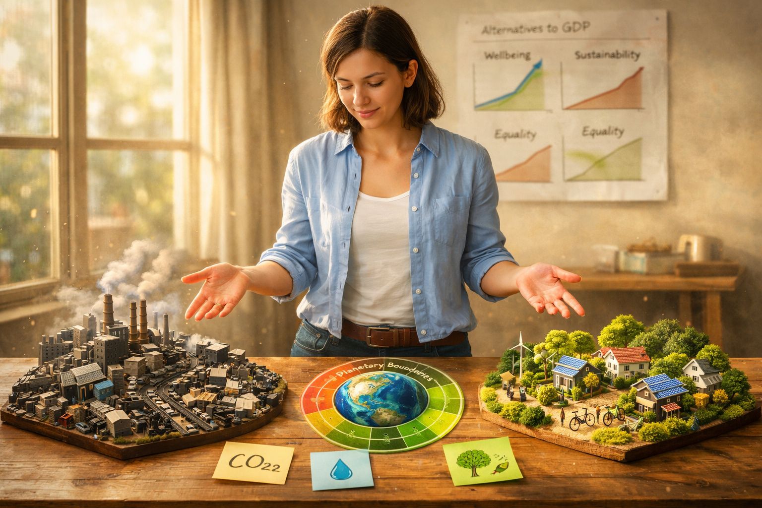 Mulher entre modelos de cidade poluída e cidade sustentável, refletindo sobre impacto ambiental.