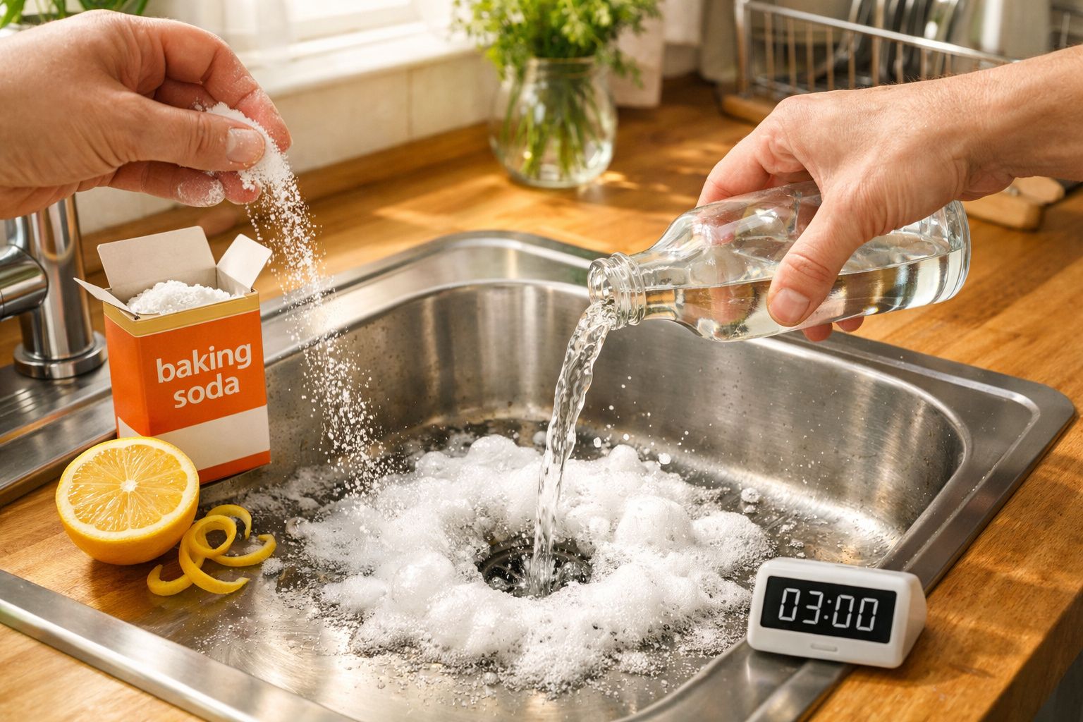 Mãos a deitar bicarbonato e vinagre numa pia, com limão, ralos de casca e temporizador à vista.