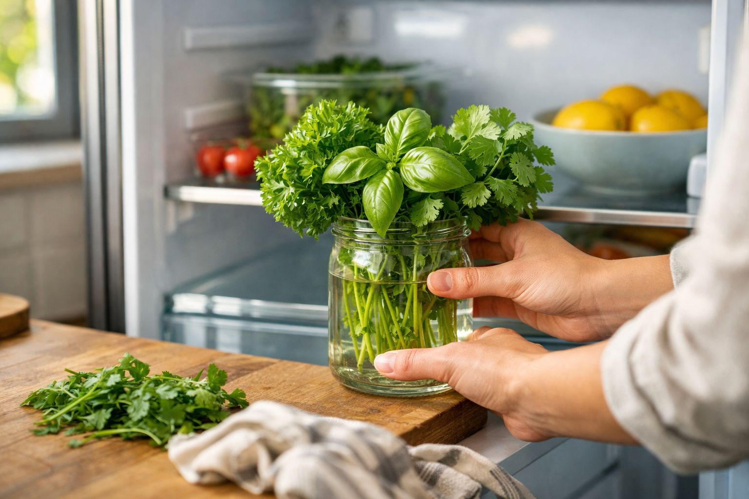 Mãos seguram um frasco com ervas frescas verdes dentro de um frigorífico aberto numa cozinha.