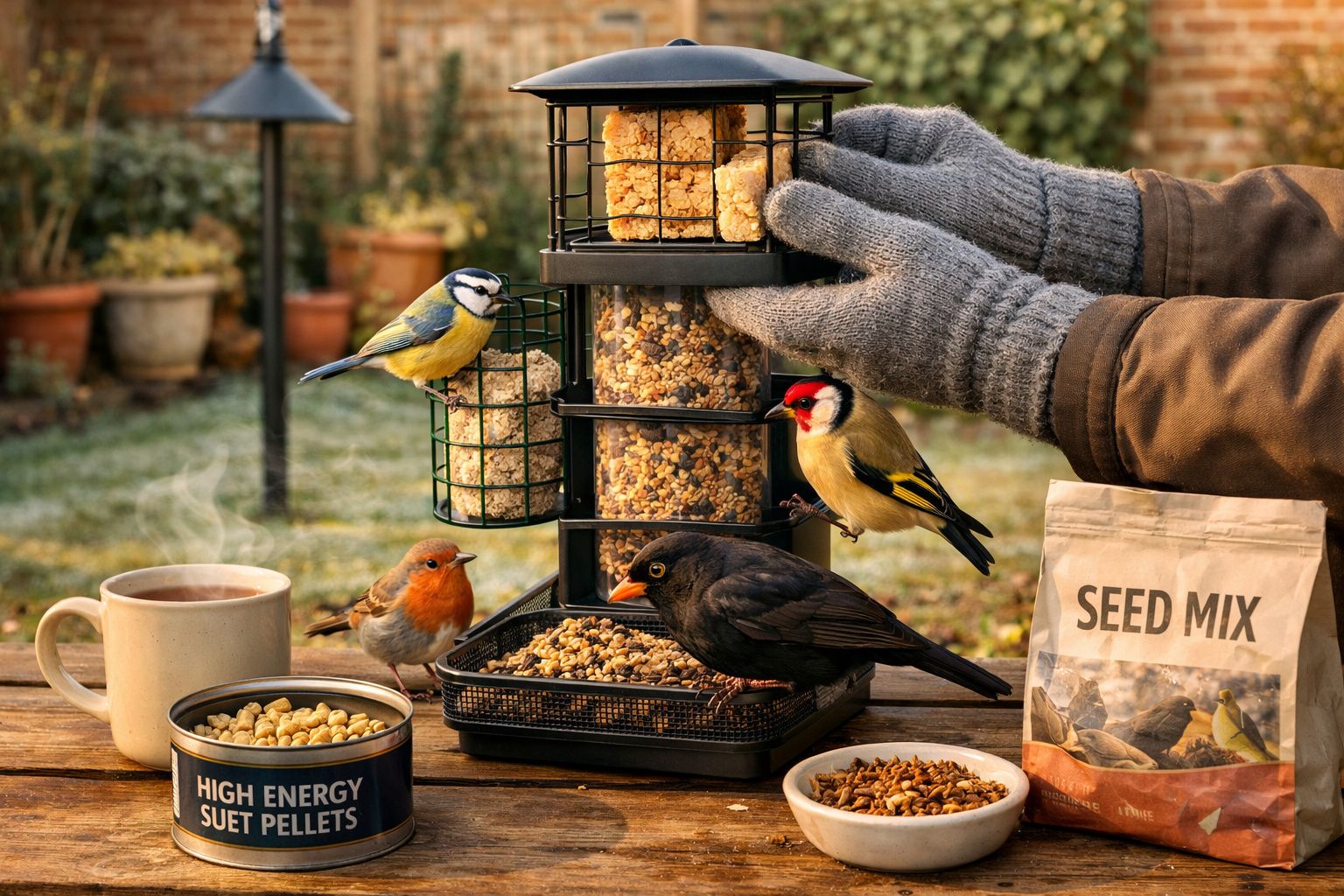 Pessoa com luvas a encher comedouro de pássaros com várias aves à volta numa mesa de madeira no jardim.