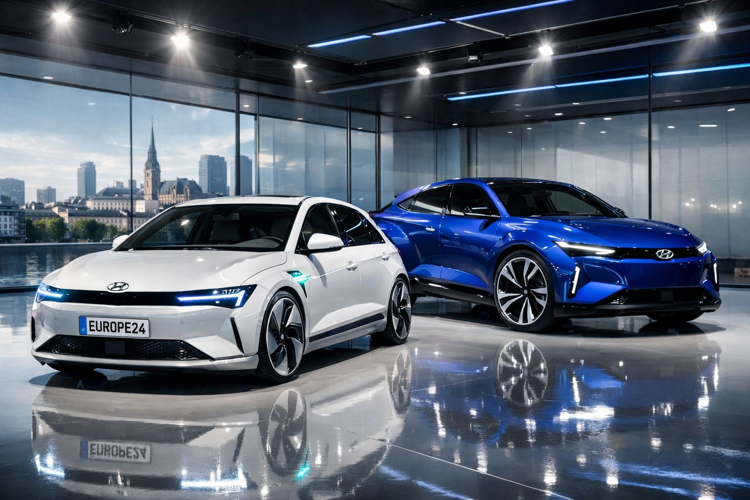 Dois carros elétricos Hyundai, um branco e outro azul, em espaço interior com chão refletor e vista urbana atrás.