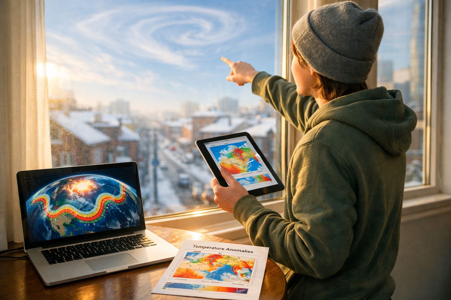 Pessoa com gorro e casaco verde segura tablet com mapas enquanto aponta pela janela para cenário urbano nevado.