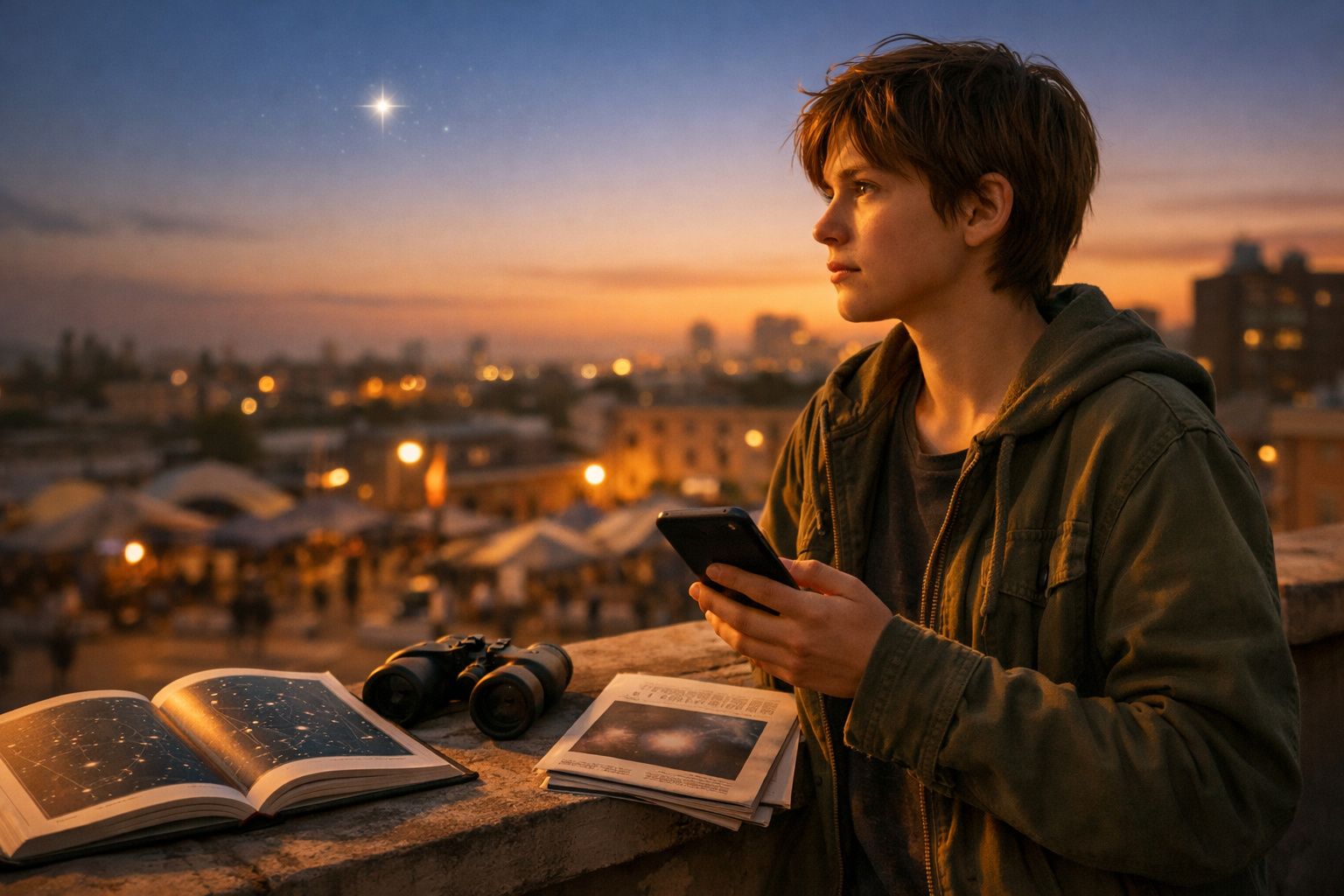 Jovem com casaco verde observa o horizonte ao entardecer, com livros e binóculos numa varanda.