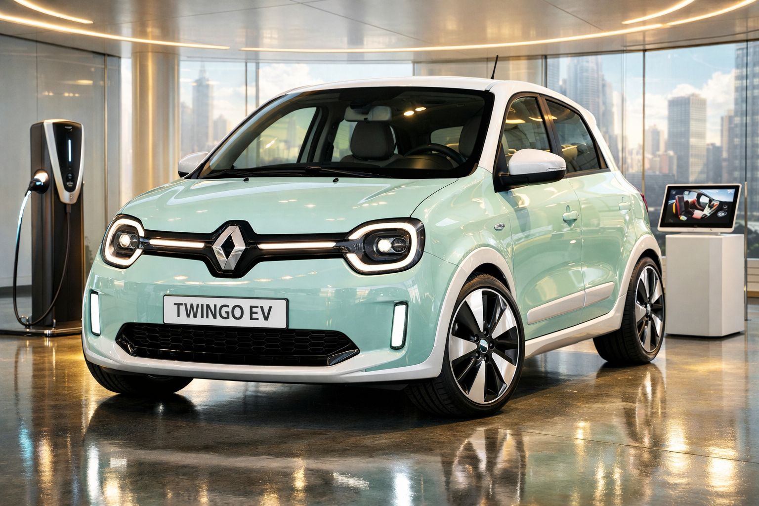 Renault Twingo EV elétrico verde em exposição, com carregador ao lado e vista urbana ao fundo.