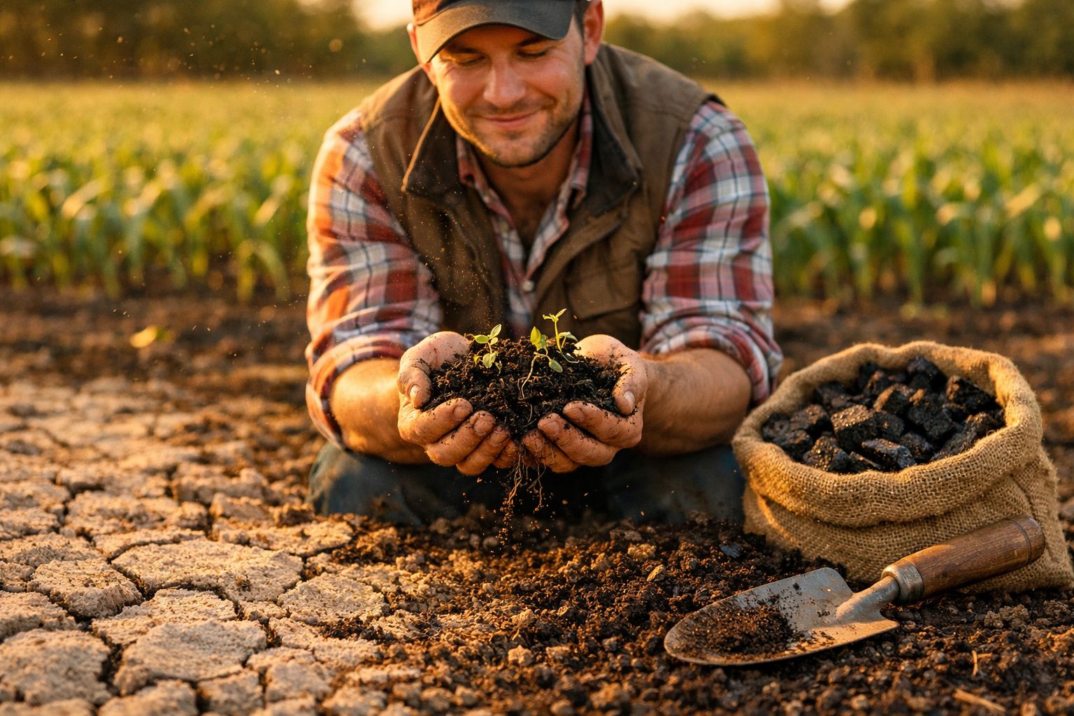 Homem sorri segurando terra com planta jovem, ao lado de saco de fertilizante e enxada em solo seco.