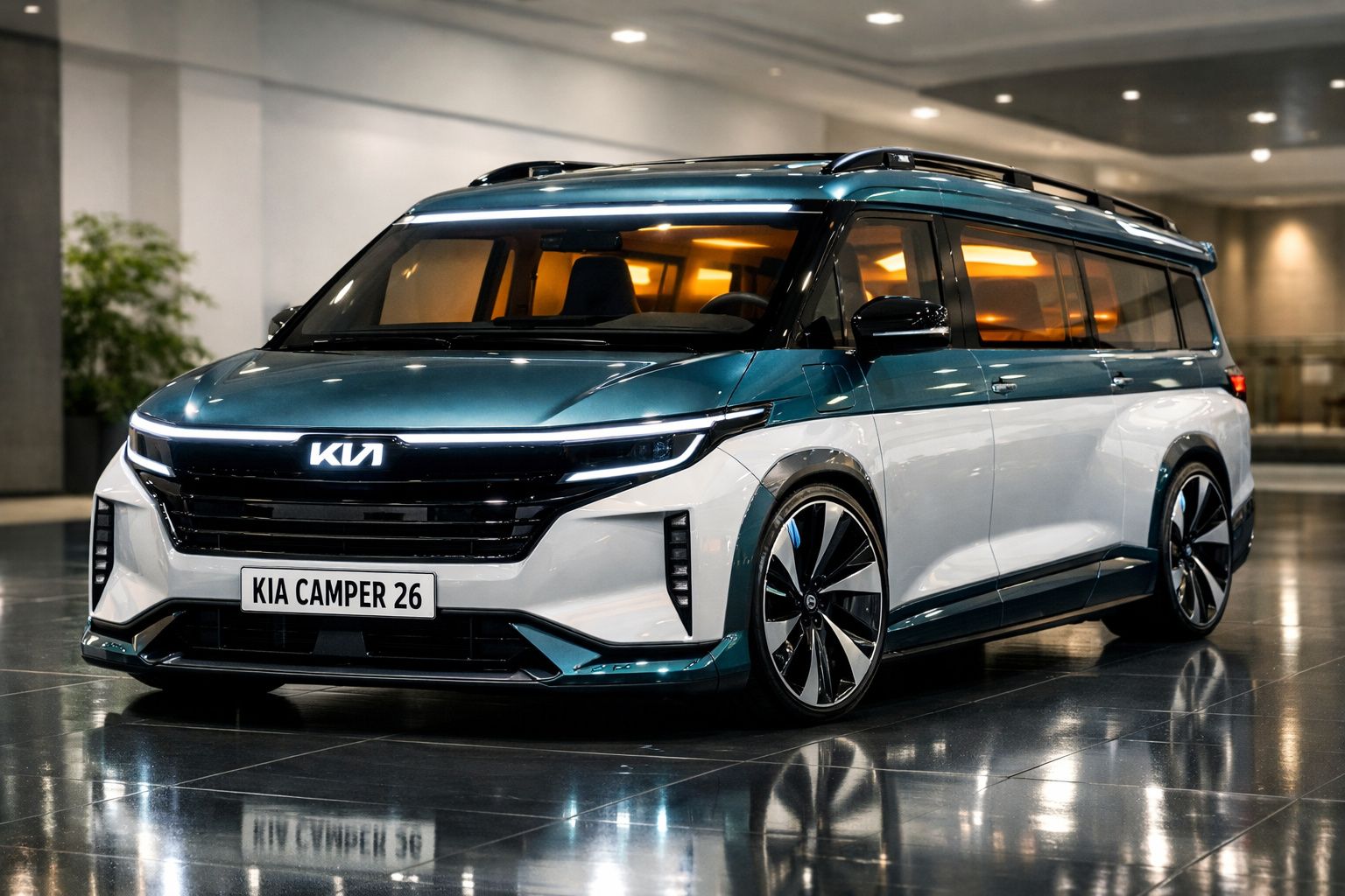 Carro elétrico Kia Camper 26 em exposição, com design moderno e duas cores, azul e branco.