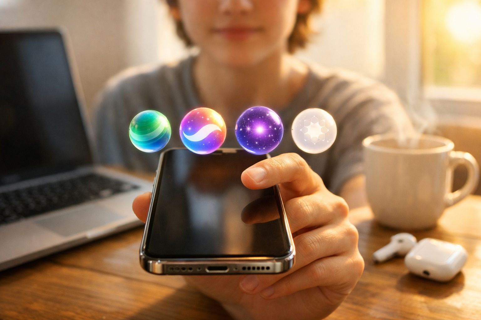 Pessoa segurando telemóvel com ícones digitais coloridos flutuantes sobre a ecrã, computador portátil ao fundo.