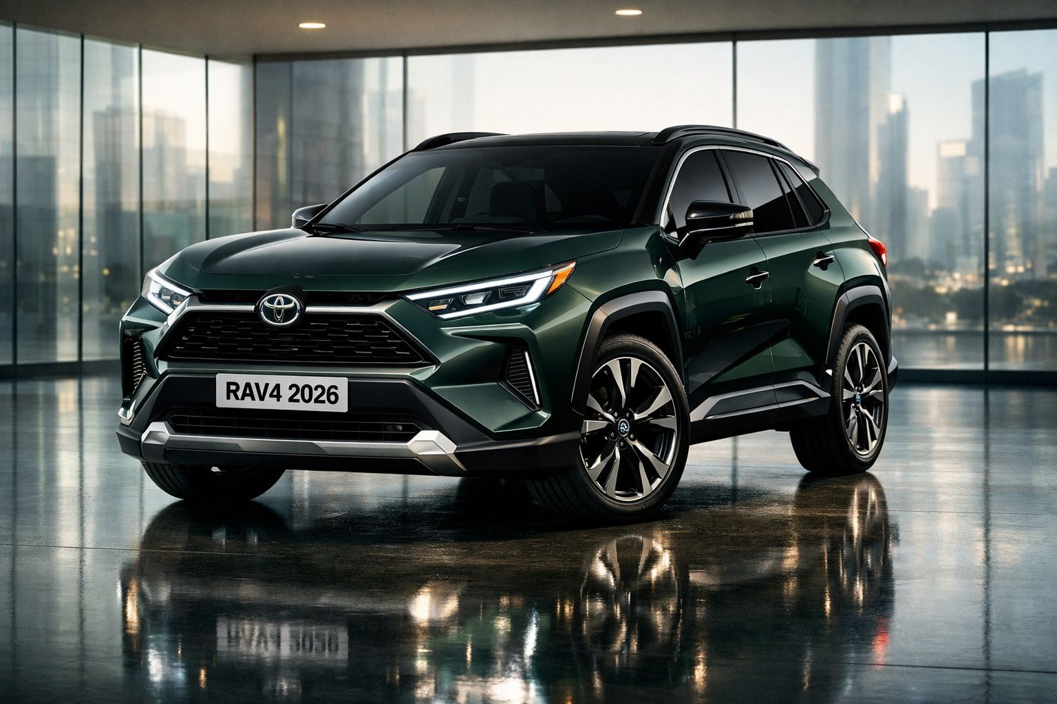 Carro Toyota RAV4 2026 verde escuro estacionado em ambiente moderno com vidro e reflexo no chão.