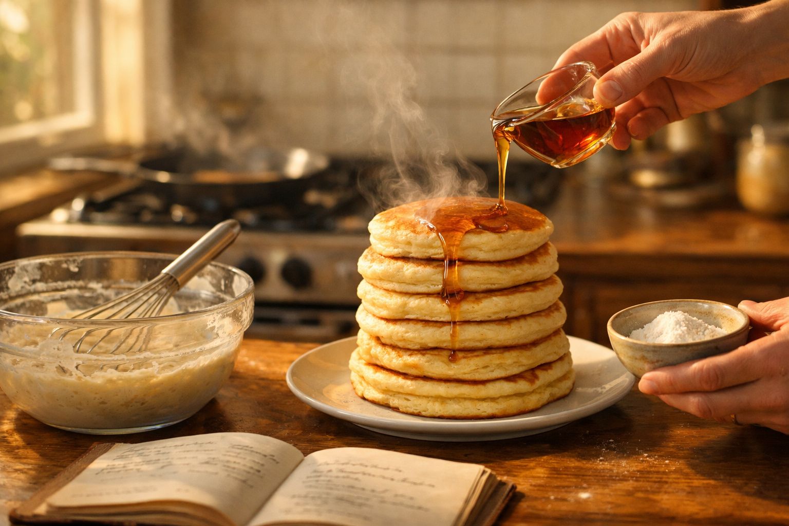Pilhas de panquecas quentes com xarope a ser derramado, acompanhadas de farinha e livro de receitas.