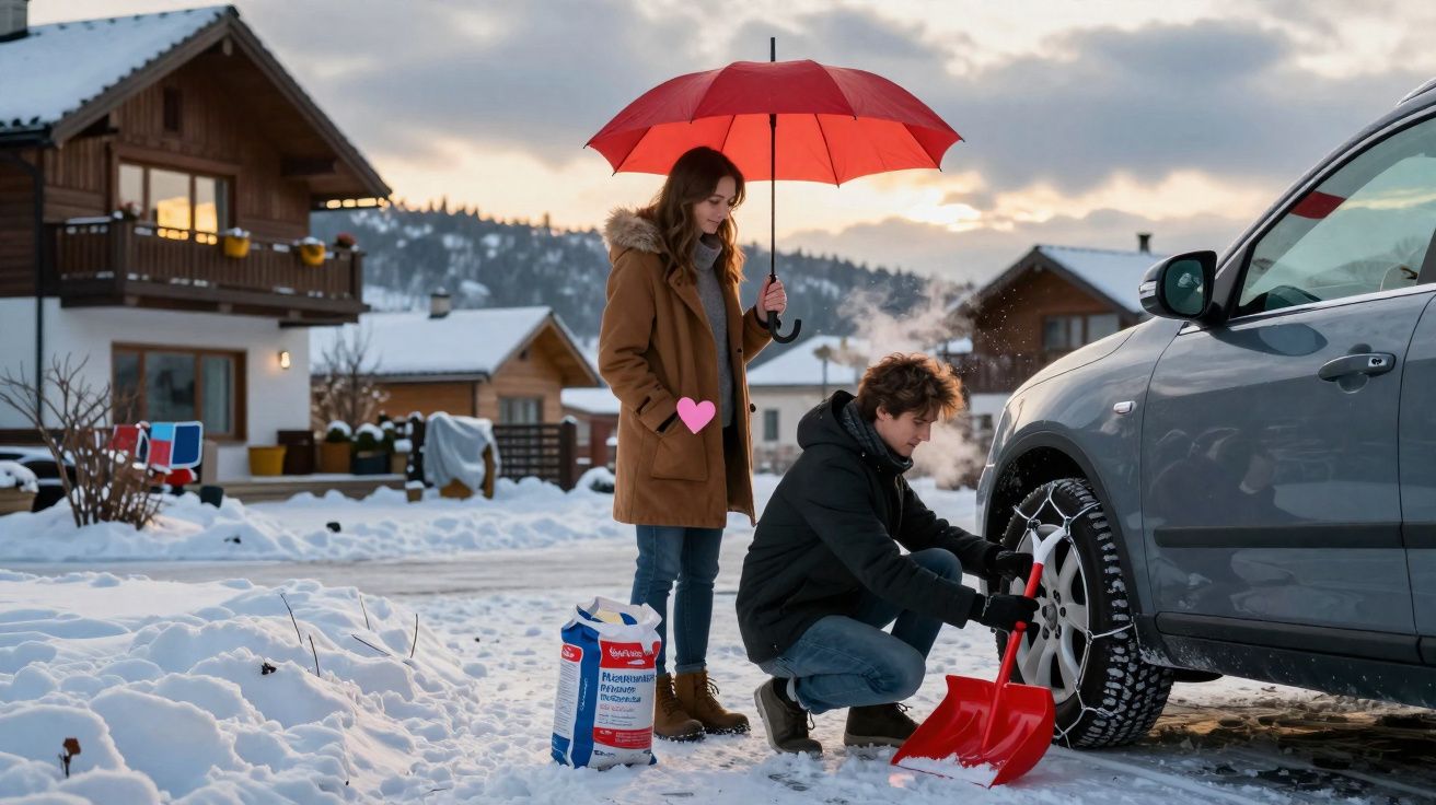 Homem ajusta correntes na roda do carro na neve com mulher ao lado sob um guarda-chuva vermelho.