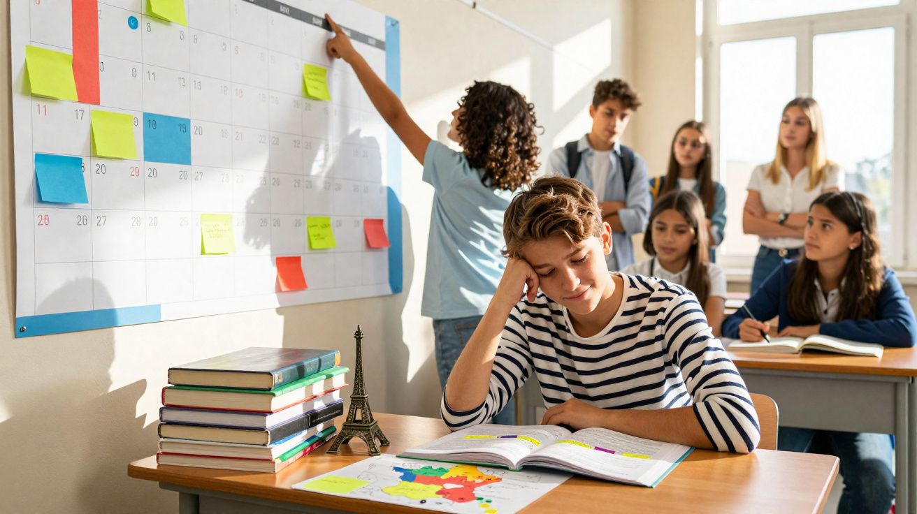 Estudantes numa sala de aula, um a ler com livros e mapa no secretária e outros a interagirem junto a um calendário.