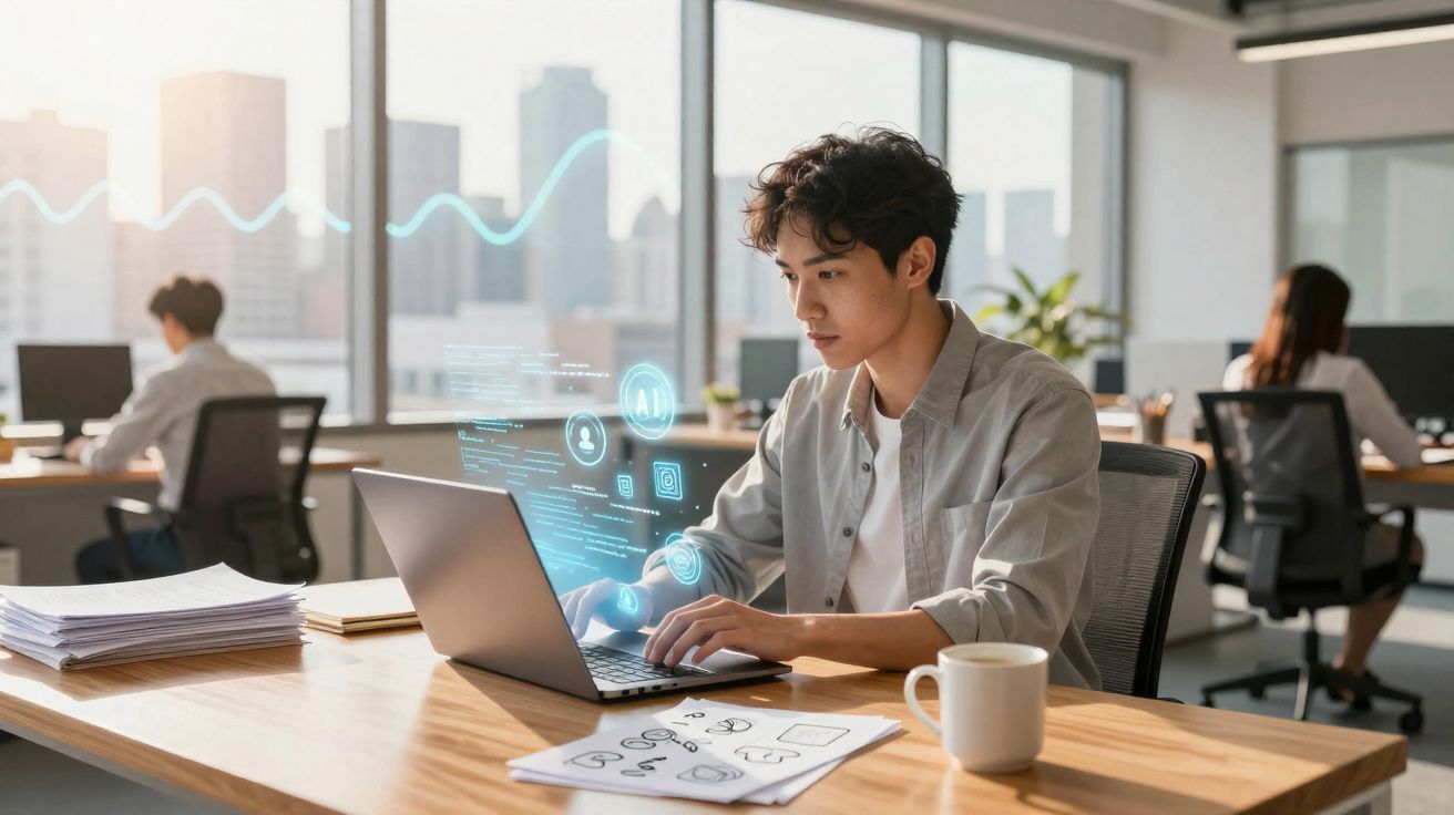 Jovem em escritório moderno a trabalhar num portátil com gráficos digitais holográficos à sua frente.