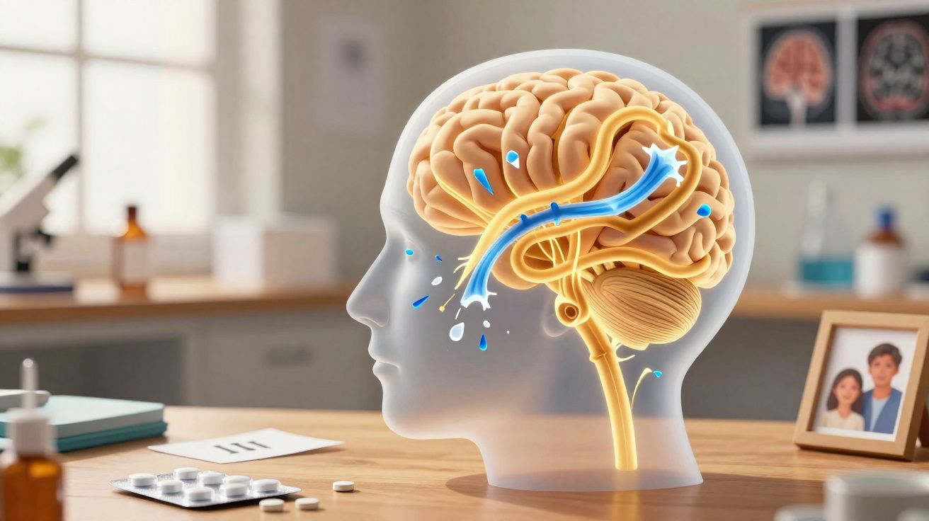 Ilustração de cérebro humano com fluxo azul indicando conexão cerebral, sobre mesa com comprimidos e fotografia familiar.