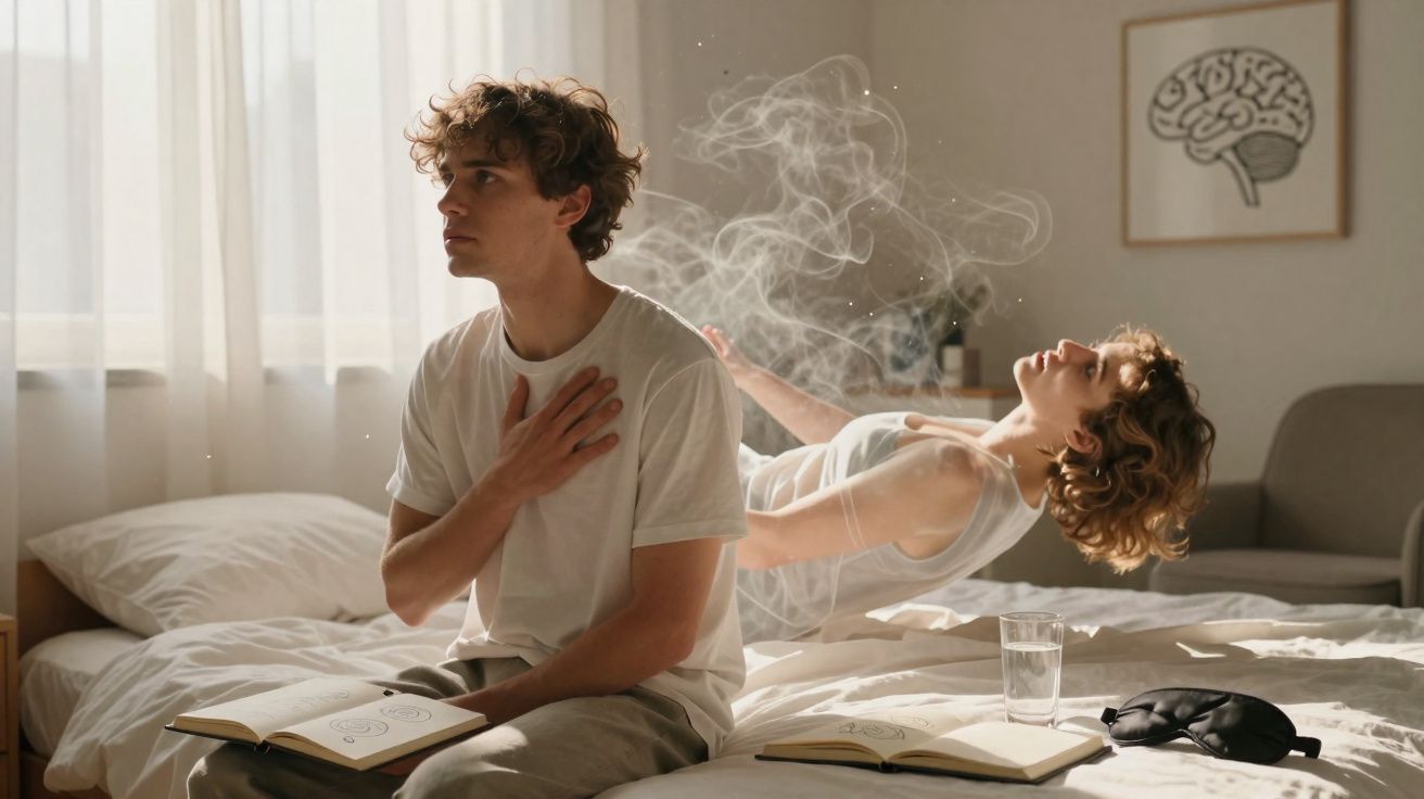 Jovem com a mão no peito enquanto uma versão translúcida de si próprio parece sair do corpo no quarto.