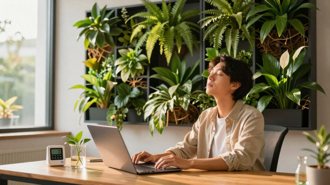 Pessoa sentada a trabalhar num portátil junto a uma parede decorada com plantas verdes.