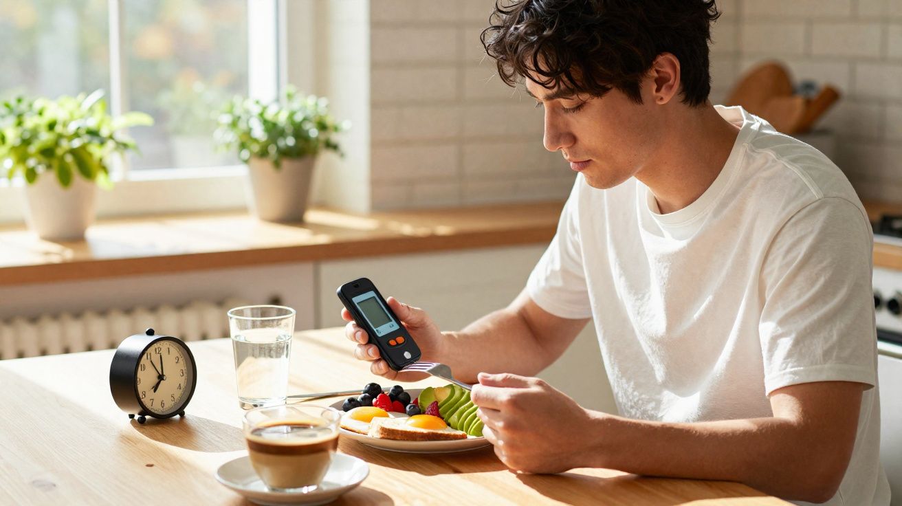 Jovem sentado à mesa a medir a glicose, com prato de fruta, café e relógio na cozinha iluminada.