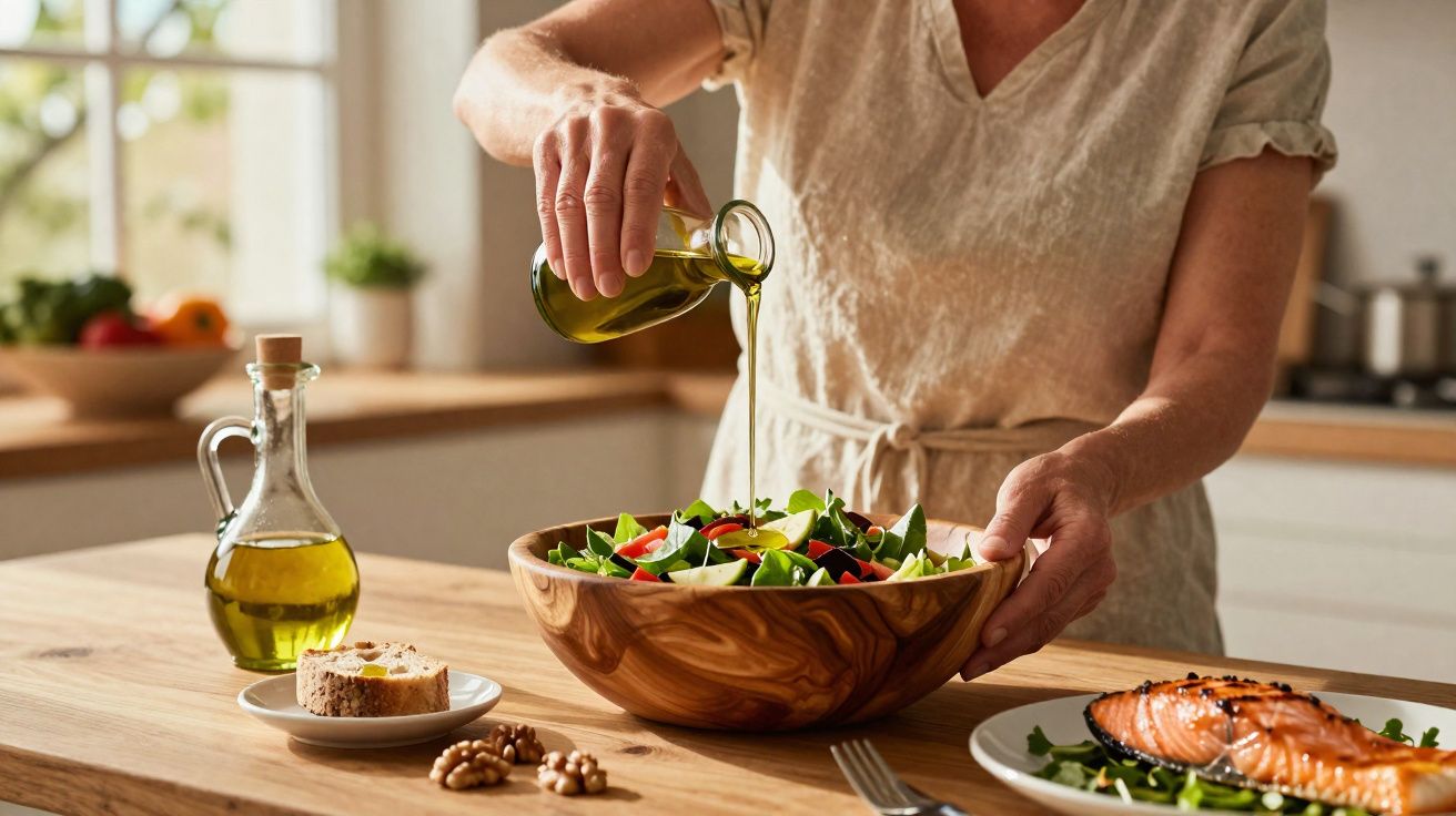 Pessoa a temperar salada com azeite numa cozinha luminosa, com prato de salmão grelhado e pão na mesa.