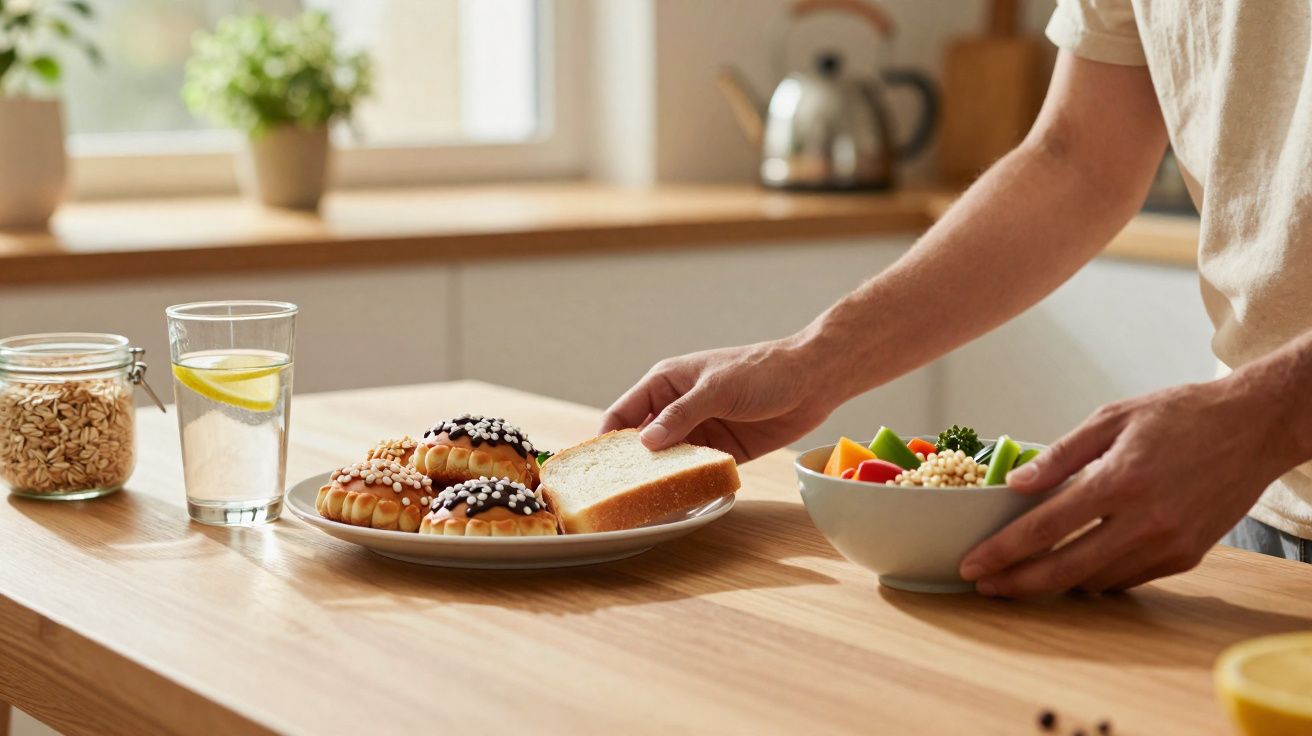Pessoa a colocar pão e bolos num prato numa cozinha luminoso com copo de água com limão e taça de salada.