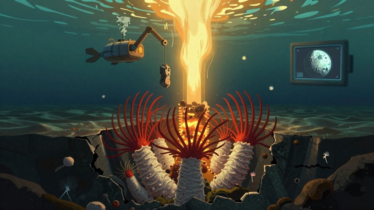 Robo submarino recolhe amostra perto de anémonas vermelhas luminosas em fundo marinho com erupção térmica.