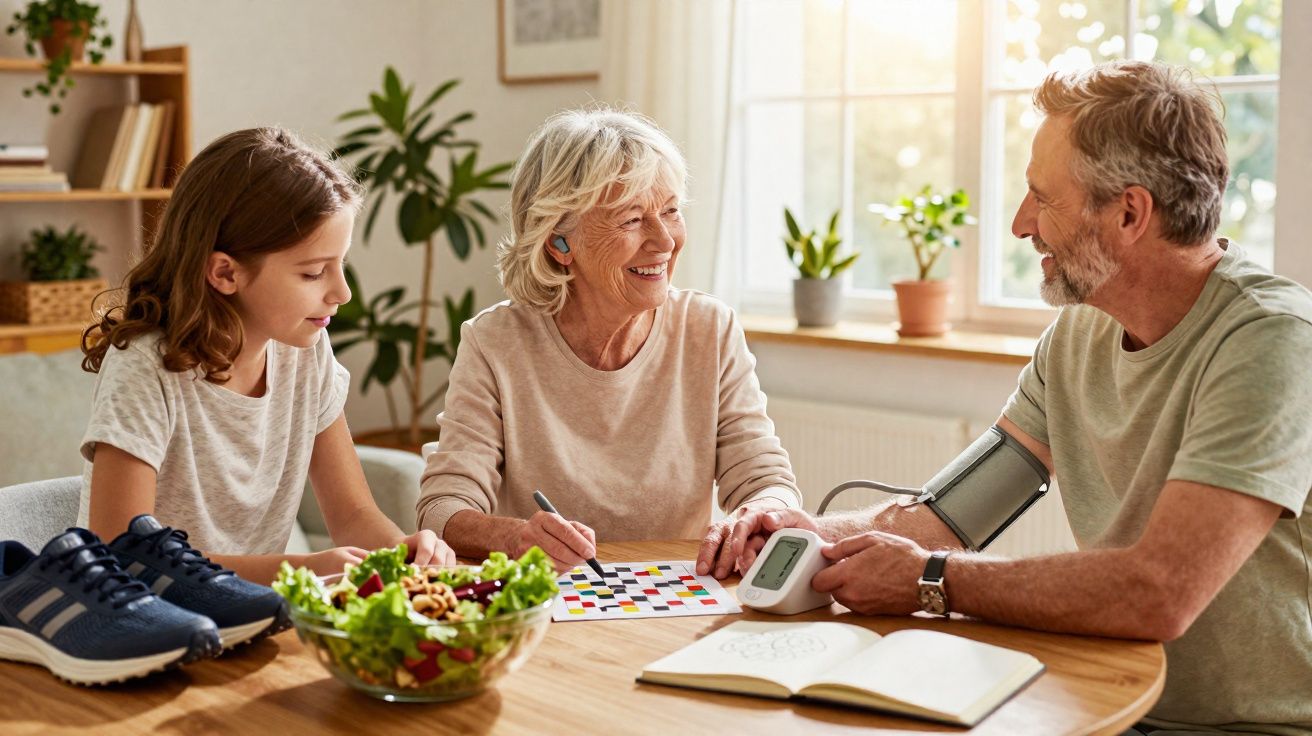 Homem a medir tensão arterial com idosos que jogam puzzle e têm saladas numa mesa luminosa.