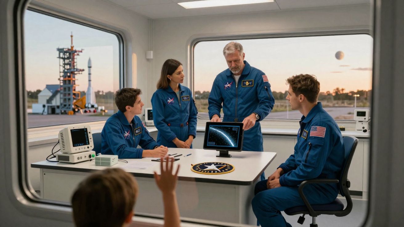 Equipa de astronautas em uniforme azul a discutir planos numa sala com vista para plataforma de lançamento de foguetão.