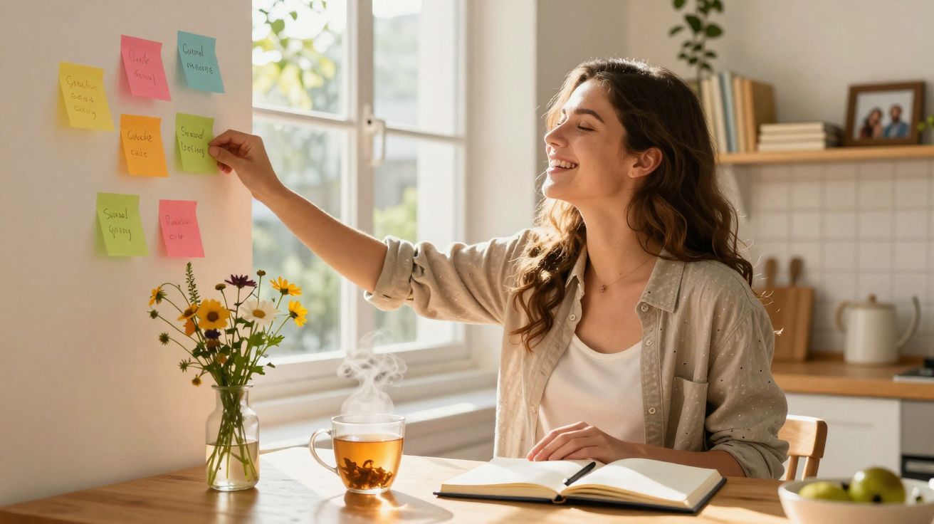 Mulher sorridente a organizar notas adesivas numa parede, com chá quente e caderno numa cozinha iluminada.