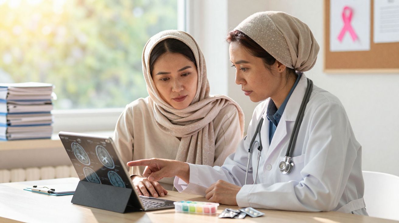 Médica a analisar radiografias numa tablet enquanto explica a paciente com lenço na cabeça.