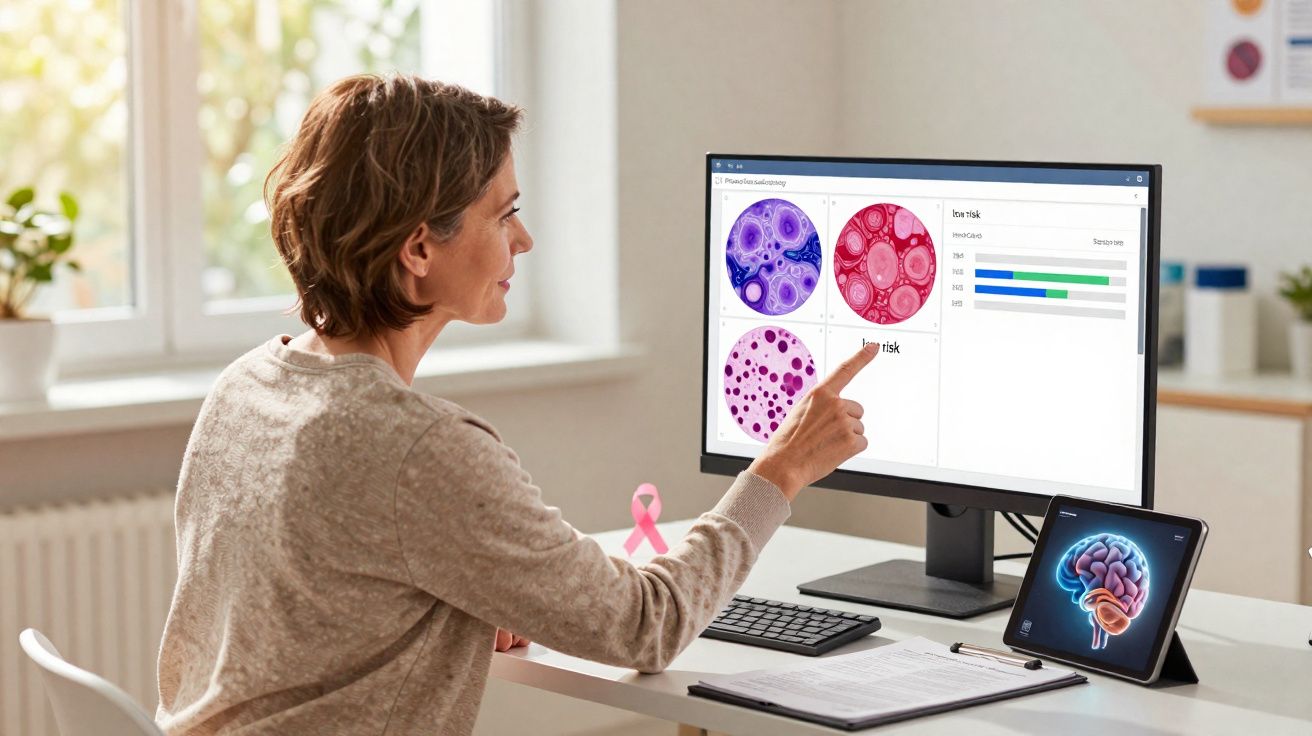 Mulher a analisar imagens de exames médicos no computador num consultório iluminado.