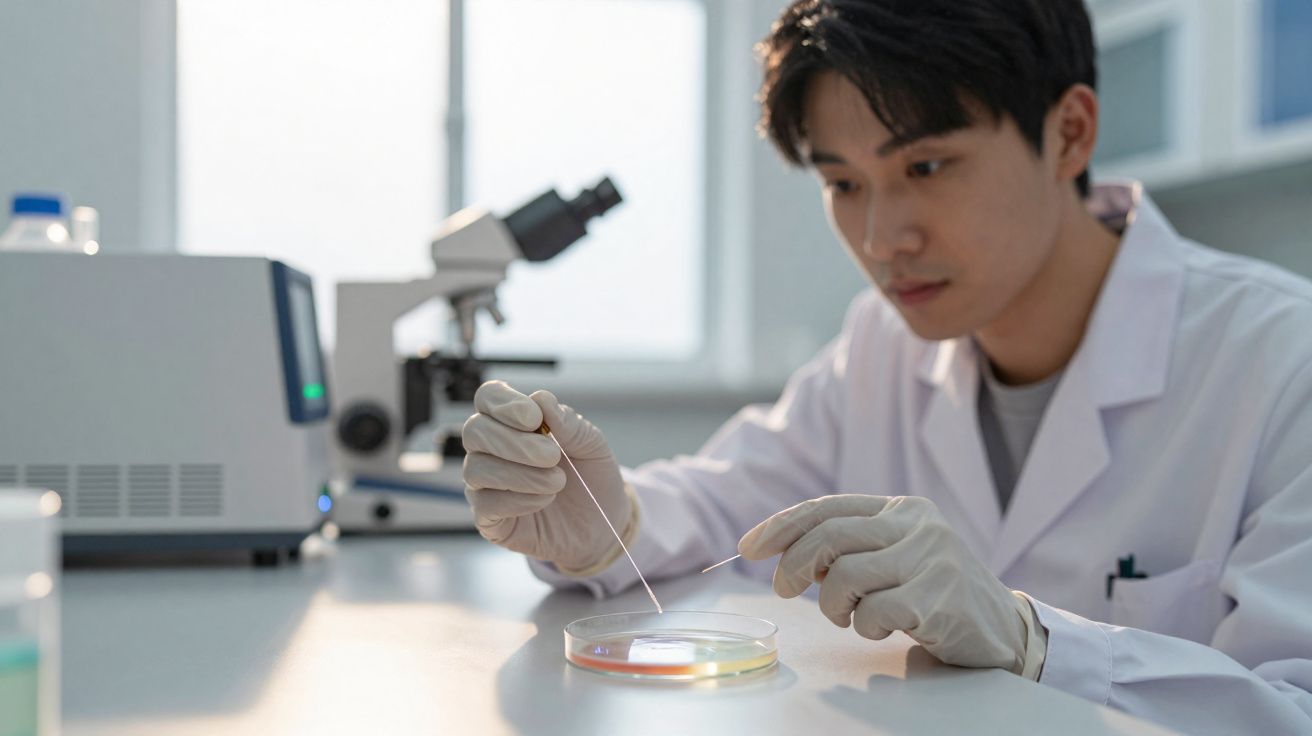 Cientista em laboratório a manipular placa de Petri com pinças, usando bata branca e luvas.