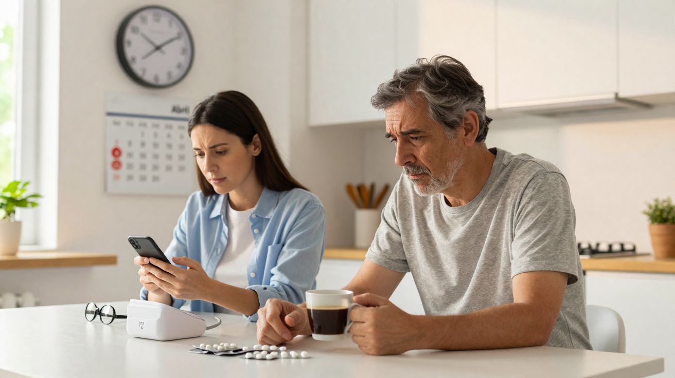 Homem com expressão preocupada sentado à mesa com comprimidos e café enquanto mulher usa telemóvel ao lado.