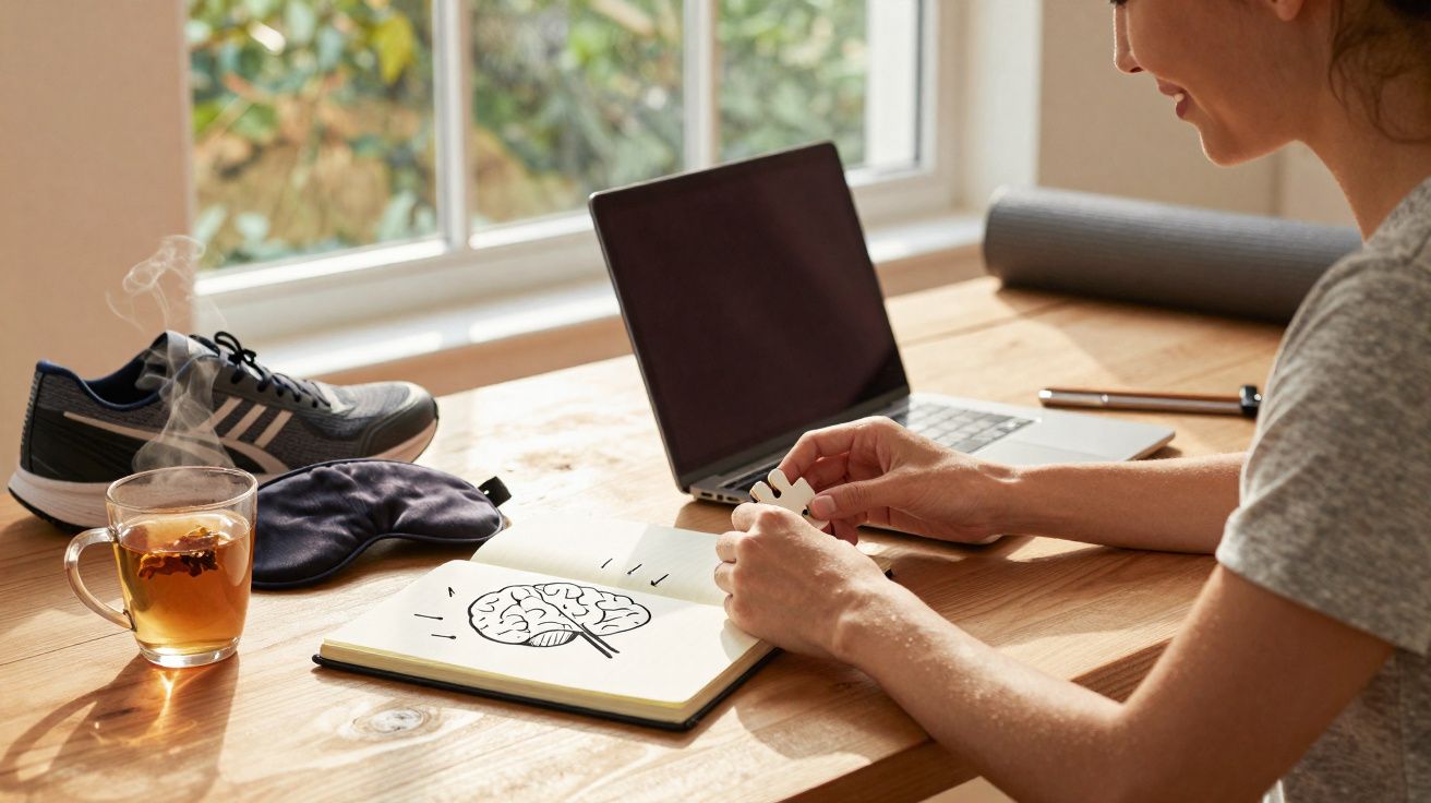 Pessoa sentada à mesa com laptop, chá, sapatilhas, máscara de dormir e um caderno com desenho de cérebro.